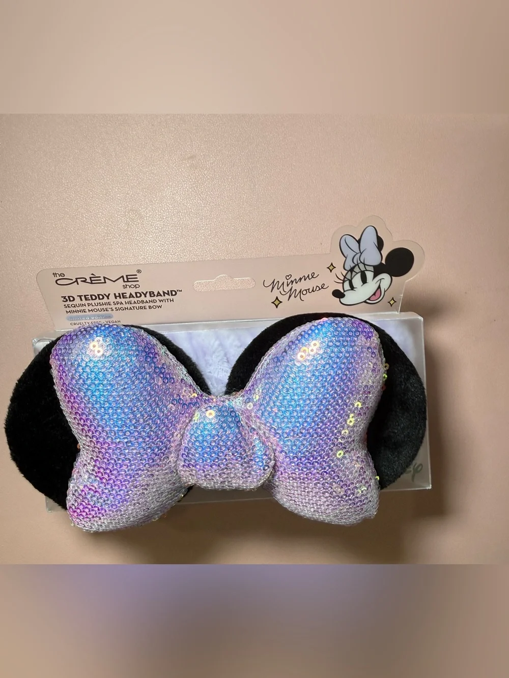 NWT The Crème Shop x Disney Minnie Mouse 3D Spa Headband Iridescent Sequin Bow